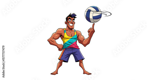 Cartoon character, muscular man, playing volleyball, juggling a ball with his finger.