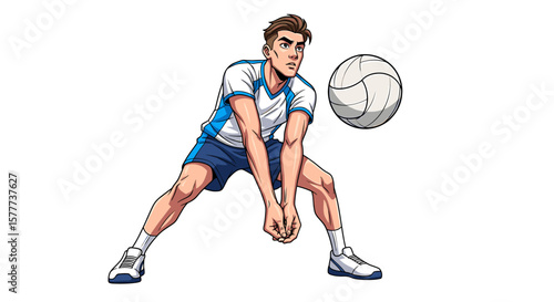 Cartoon illustration of a male volleyball player bumping the ball with his forearms.
