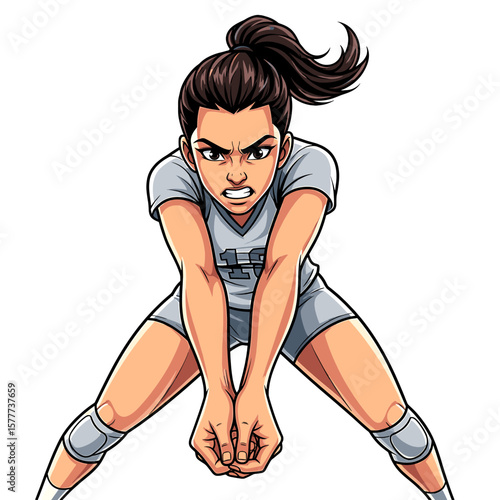 A cartoon illustration of a determined female volleyball player in a defensive stance.