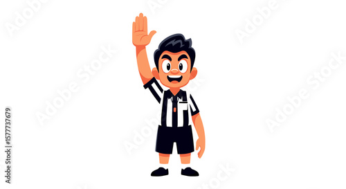 Cartoon referee raising hand, signaling a call, smiling cheerfully.
