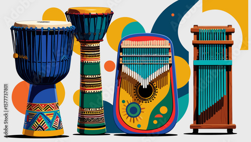 Colorful illustration of various percussion instruments with vibrant patterns and abstract shapes
