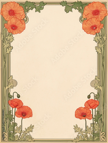 Elegant art nouveau frame with poppy flowers and copy space