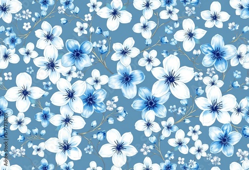 Delicate watercolor blue & white blossom floral pattern, hand-drawn seamless repeat, bright, surface