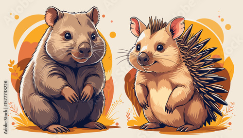 Charming illustration of a wombat and a hedgehog in a playful style with warm background colors