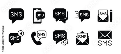 Short message service icon vector set. Contains write text message in speech bubble, chat, send, inbox, settings, read. Mobile phone, cell, cellular, smartphone. Illustration