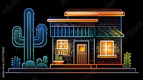 Fototapeta Naklejka Na Ścianę i Meble -  Neon-Style Digital Illustration of a Cute Shop with Cactus.