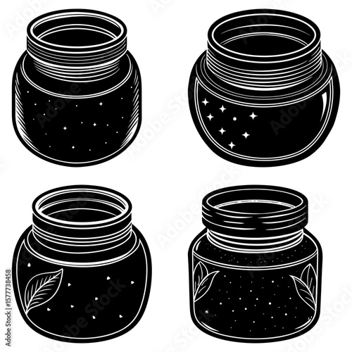 Illustration of four mason jars with different contents and designs in a black and white color scheme
