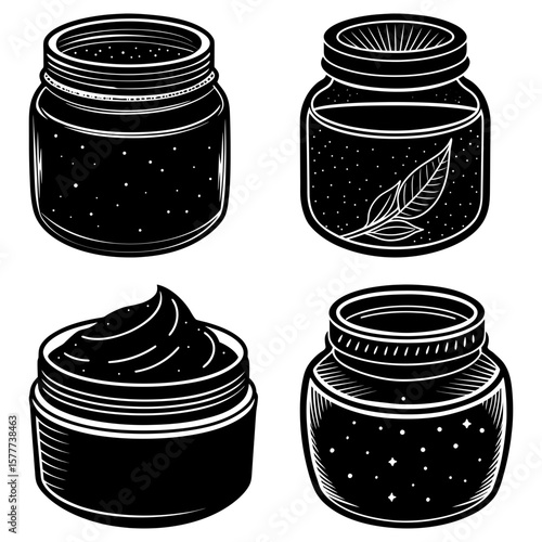 Four black and white jars with different contents including cream and a leaf design in a simple style