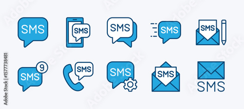Set of short message service icon. Contains write text message in speech bubble, chat, send, inbox, settings, read. Mobile phone, cell, cellular, smartphone. Vector illustration