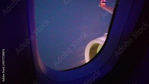 Wing and engine of a plane seen through the window