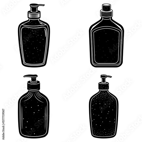 Illustration of four black and white bottles with various caps and dispensing mechanisms displayed