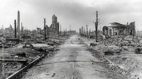 Desolate post-war urban landscape with ruined buildings and charred trees