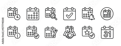 Appointment calendar schedule icon set. Contains date, plan, booking management, time reminder, meeting, information, checkmark, reservation, planner, notice, agenda. Vector illustration