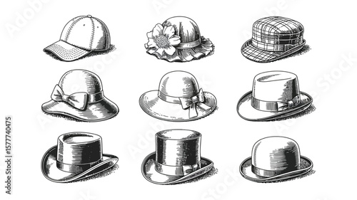 Engraved Hats Collection Baseball Cap, Bonnet with Bow, Fedora, Top Hat, Bowler