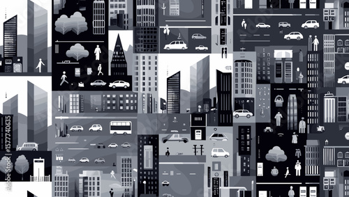 Urban cityscape illustration in monochrome style with geometric patterns and city elements