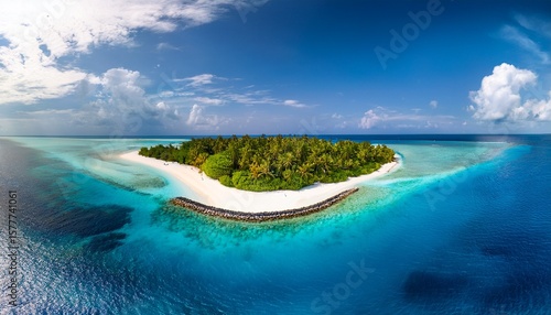 aerial view of beautiful tropical island with turquoise waters and sandy beach baa atoll maldives