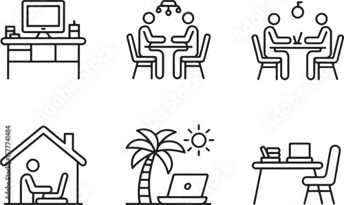 Workplace Diversity Illustrated Workplace Concepts of Remote Collaboration Meeting or Working at Home and Beach Vacation Featuring Desk, People, Home, Laptop, and Palm Trees Icons