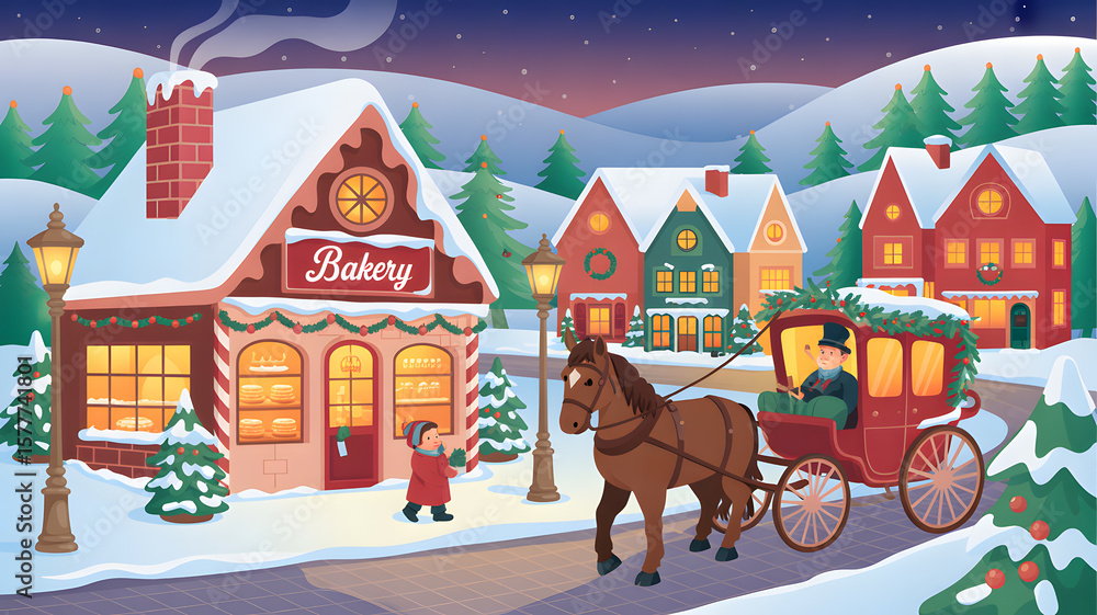 Naklejka premium Charming winter village scene with a horse drawn carriage arriving at a bakery