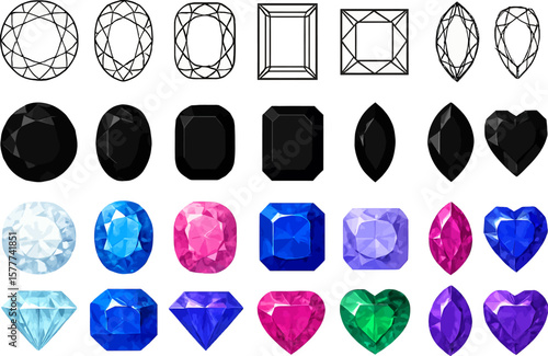 Collection of various gemstone cuts and colors including outlines and solid gems