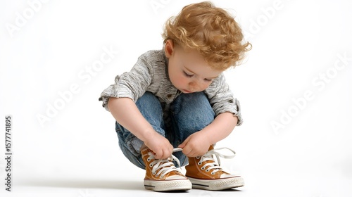 A child putting on shoes, white background