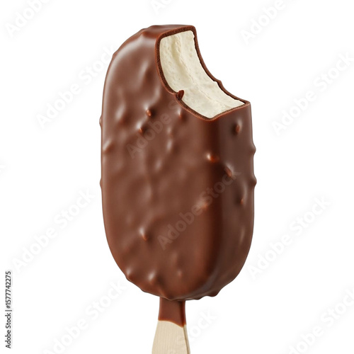 Chocolate covered ice cream bar with a bite taken out isolated on transparent background
