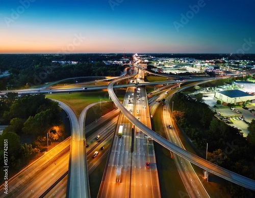 aerial view of busy highway interchange with traffic at night atlanta georgia united states