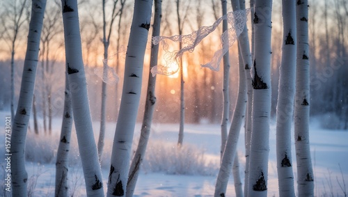 Lace in winter birch forest at sunset