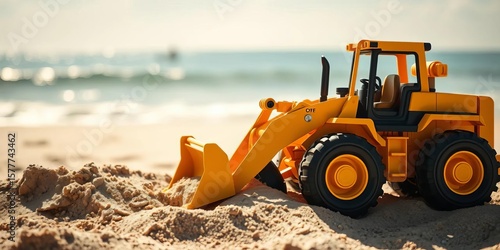 Yellow toy bulldozer pushing sand on sunny beach ,   sand dunes,  sand