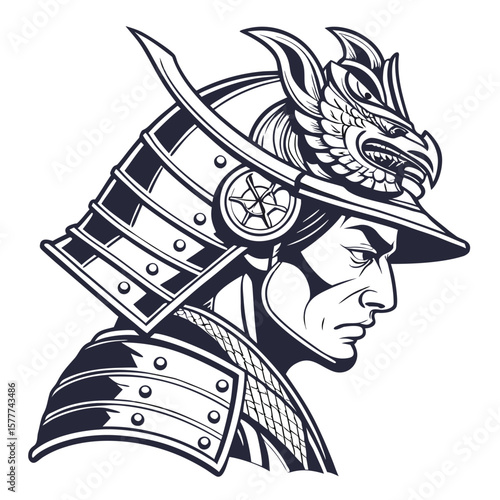 Japanese samurai helmet with dragon elements highly detailed bold graphic illustration centered design for dark t-shirt