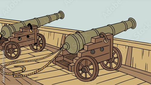 Pirate ship cannons vintage naval artillery illustration for historical maritime warfare and defense design