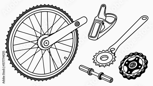 Bike parts diagram for bicycle repair and maintenance guide with wheel chain and crankset illustration