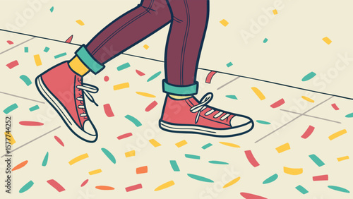Walking in style red sneakers illustration with confetti background celebration fashion footwear design art