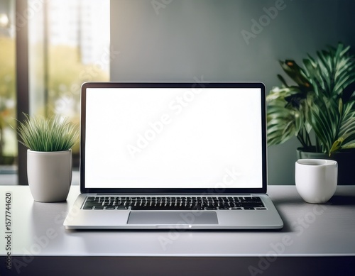 modern laptop computer white screen on desk table front view