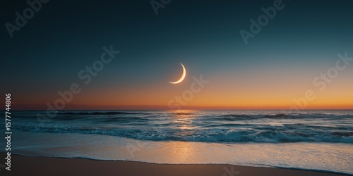 Soft Glowing Crescent Moon over Ocean at Sunset.