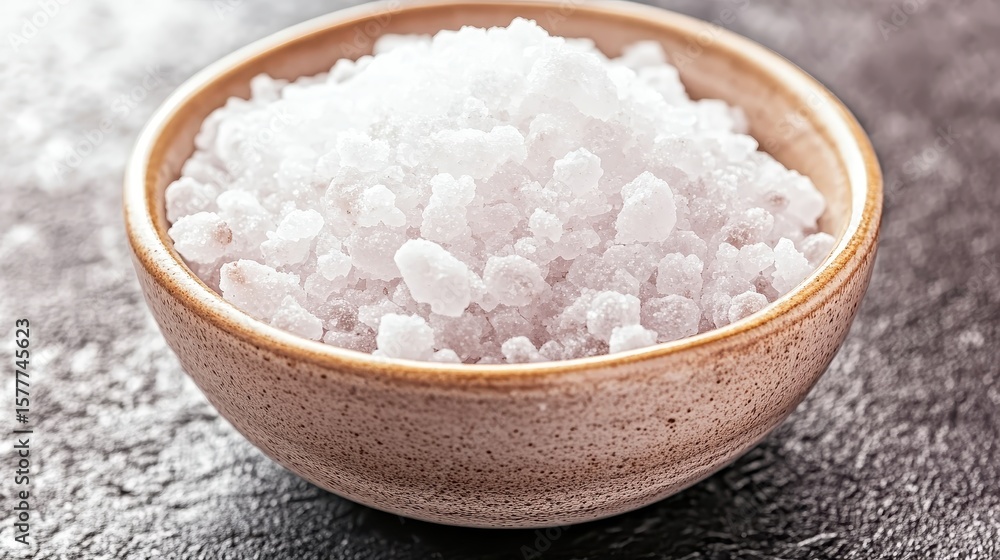 Cozy Bowl of Coarse Sea Salt on Dark Rustic Surface Cozy Bowl of Coarse Sea Salt on Dark Rustic Surface