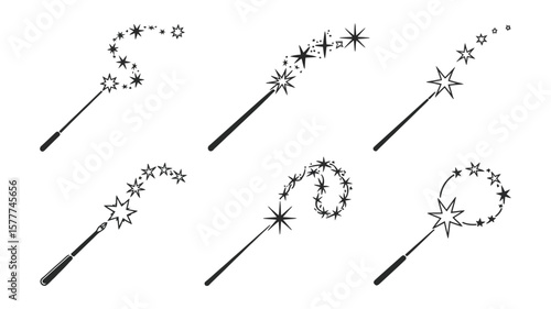 Magic Wand Set with Star Trails on White, Cartoon Wizard Tool Collection