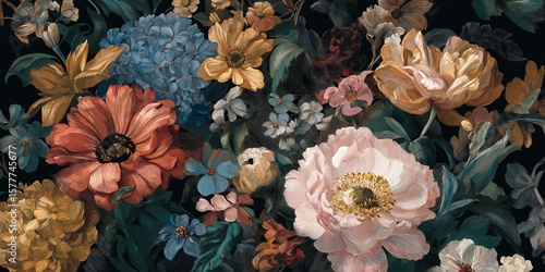 Vintage Botanical Illustration of Colorful Flowers on Dark Background.