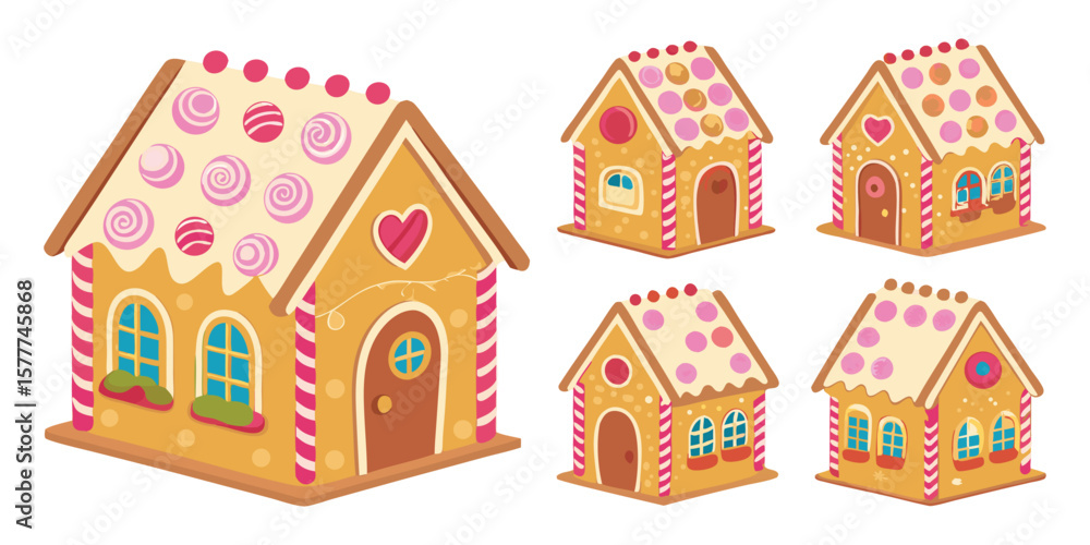 Naklejka premium Set of Gingerbread House vector illustration. Cartoon sweet cookie candy house graphic elements for Christmas, New Year, holiday decoration, kids, party design projects.
