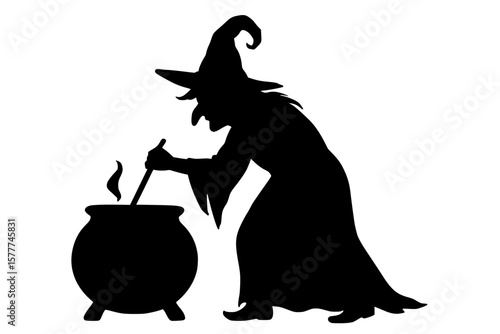 Silhouette of a Witch Stirring a Cauldron
