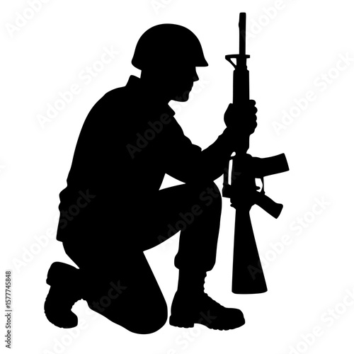 Soldier Silhouette in a Crouched Position Holding a Rifle