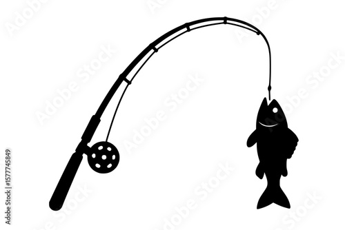 Silhouette of a fishing rod with a caught fish