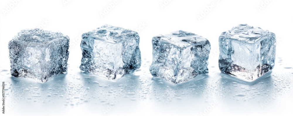 Obraz premium Four wet ice cubes on a reflective surface