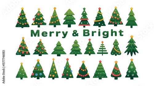 Merry and Bright Text Surrounded by TwentyFour Various Cartoon Christmas Trees