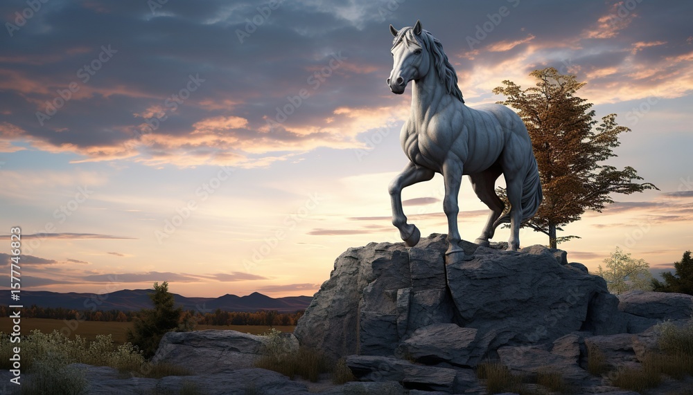 Naklejka premium Gray Stone Horse Statue at Sunset (8).png, Gray Stone Horse Statue at Sunset