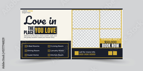 Real estate web banner and social media cover template, modern home sale billboard design