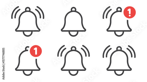 Notification bell icons with ringing effect and alerts on transparent background