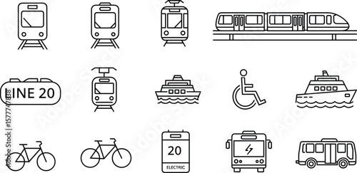 Vehicle public transport line icon set. Vector pictograms of metro, tram, monorail, ferry, bike, wheelchair, electric bus, thin linear 