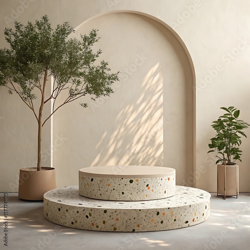 Minimalist terrazzo stage with tropical plants.