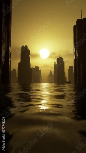 low-angle establishing video of a vast, desolate, post-apocalyptic submerged city with monolithic, brutalist buildings piercing tranquil floodwaters and reflecting below, under a hazy golden-yellow