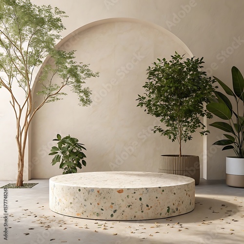 Minimalist terrazzo stage with tropical plants.